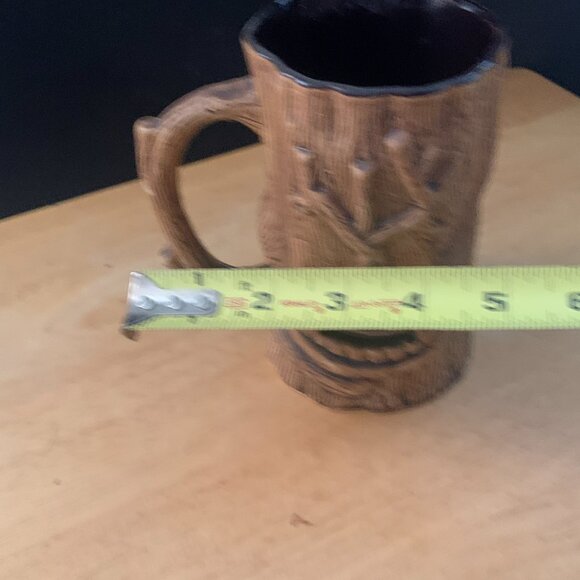 Vintage 3D brown tree trunk mug w/ open mouth & teeth, animated forest friends - Picture 9 of 10